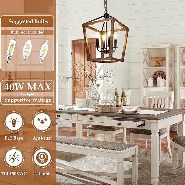BrightHome Farmhouse Chandelier Light Fixture 4-Light Rustic Pendant Ceiling Light Adjustable Oak Wood Finish for Kitchen Dining Room Hallway Foyer - View 6 of 8
