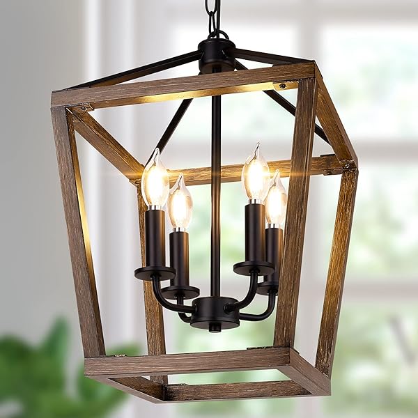 BrightHome Farmhouse Chandelier Light Fixture 4-Light Rustic Pendant Ceiling Light Adjustable Oak Wood Finish for Kitchen Dining Room Hallway Foyer - View 2 of 8