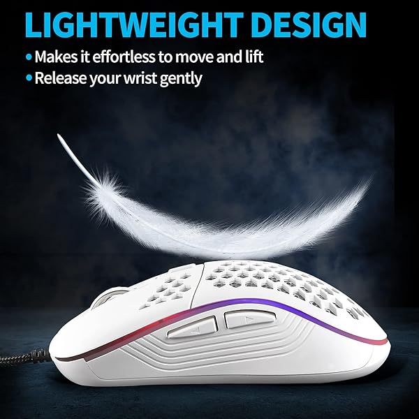 Techsea Lightweight Honeycomb Wired Gaming Mouse with RGB, 7200 DPI & Ergonomic Design for PC & Laptop Gamers - Ceramic White - View 3 of 7