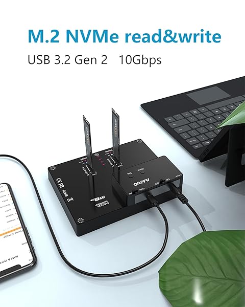 MAIWO MAIWO K3015P Portable Dual Bay M.2 NVME Dock: 10Gbps Tool-Free SSD Enclosure with Offline Clone & System Copy - View 3 of 8