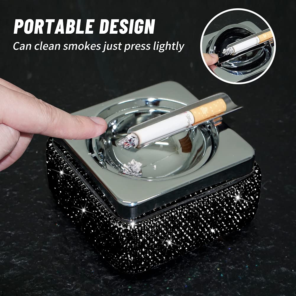 eing Stylish Stainless Steel Ashtray with Lid & Crystal Diamonds - Perfect for Indoor/Outdoor Use & Home Office Decor - View 3 of 6