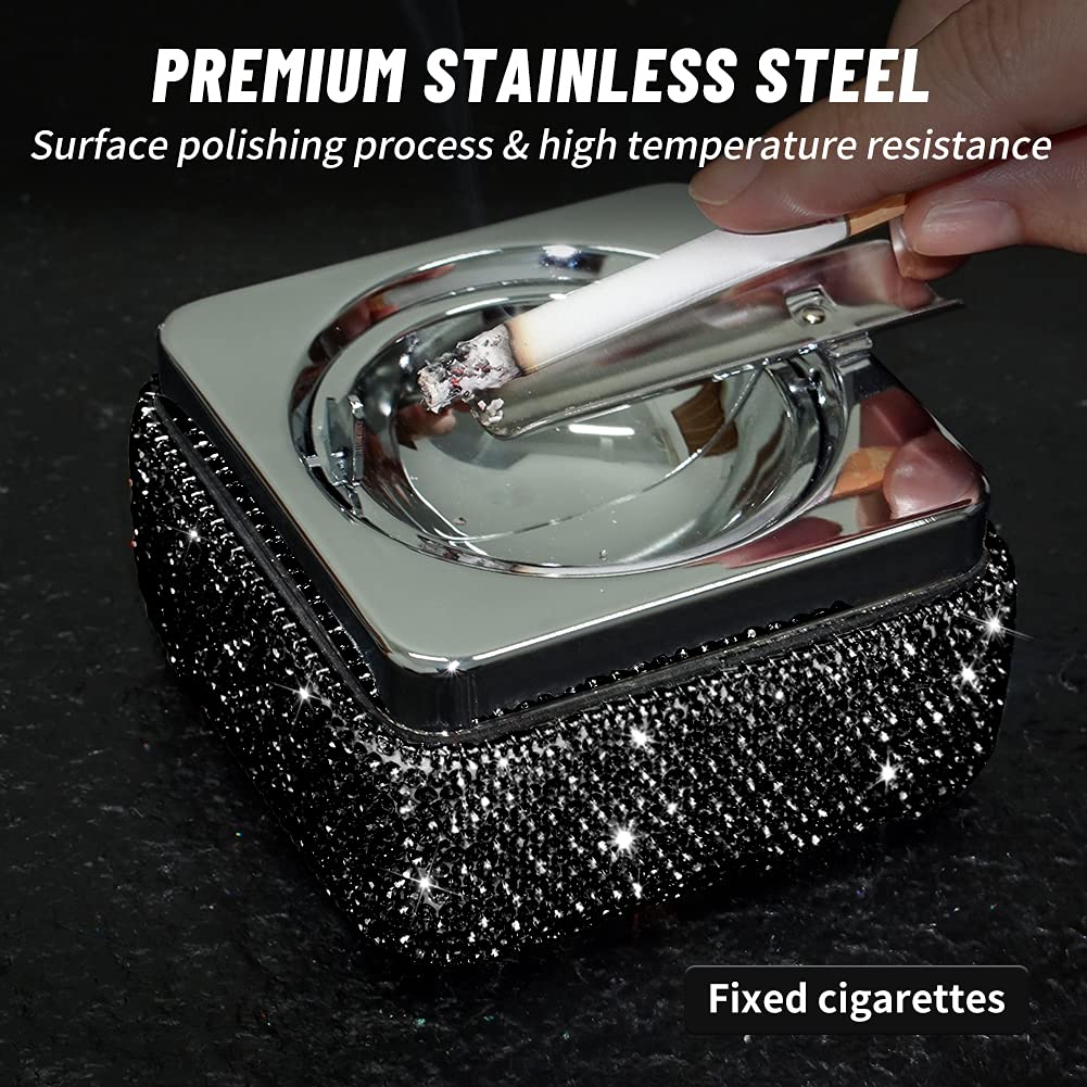 eing Stylish Stainless Steel Ashtray with Lid & Crystal Diamonds - Perfect for Indoor/Outdoor Use & Home Office Decor - View 4 of 6