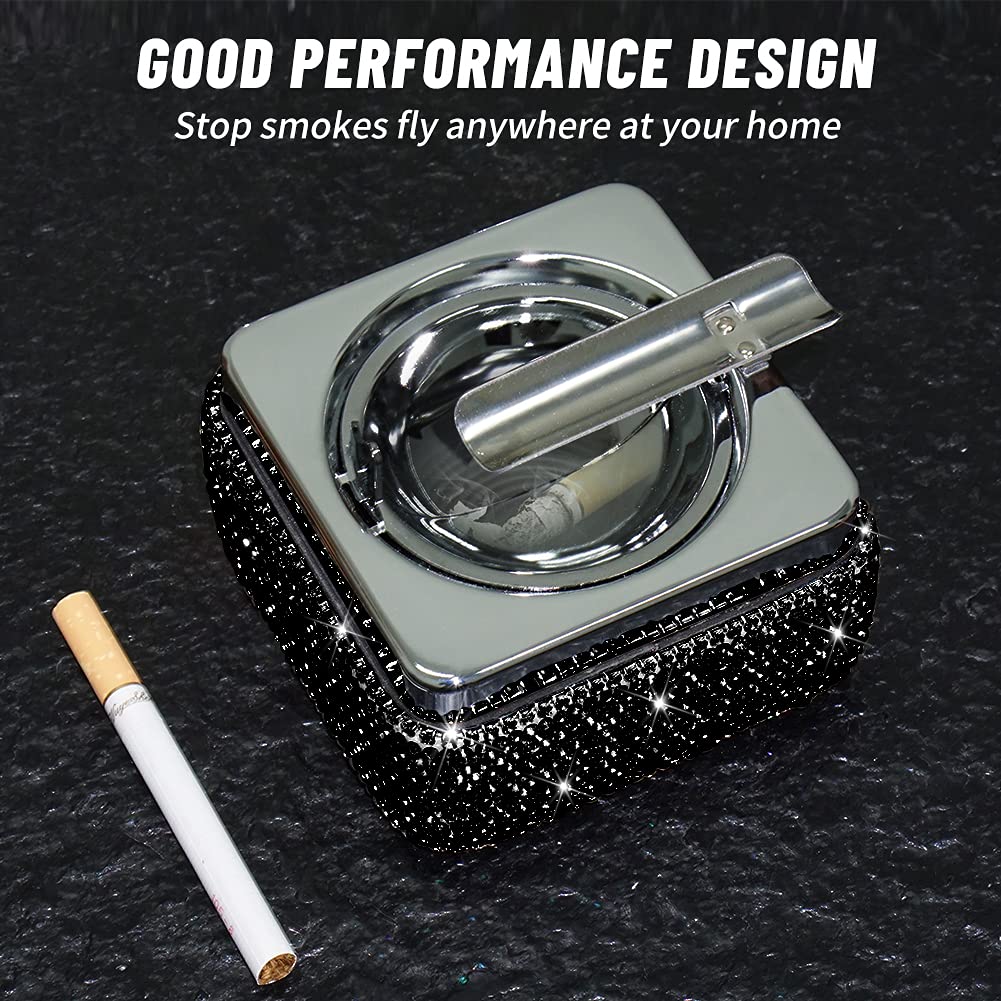 eing Stylish Stainless Steel Ashtray with Lid & Crystal Diamonds - Perfect for Indoor/Outdoor Use & Home Office Decor - View 5 of 6