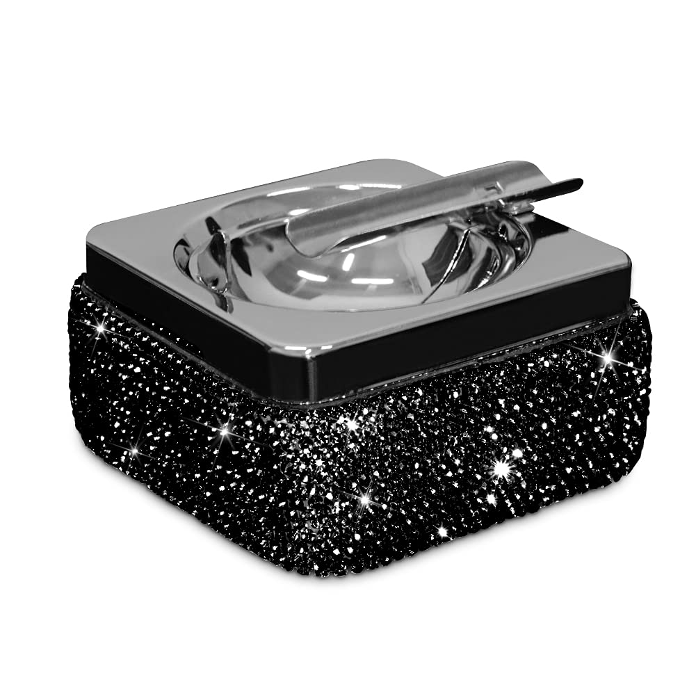 Stylish Stainless Steel Ashtray with Lid & Crystal Diamonds - Perfect for Indoor/Outdoor Use & Home Office Decor