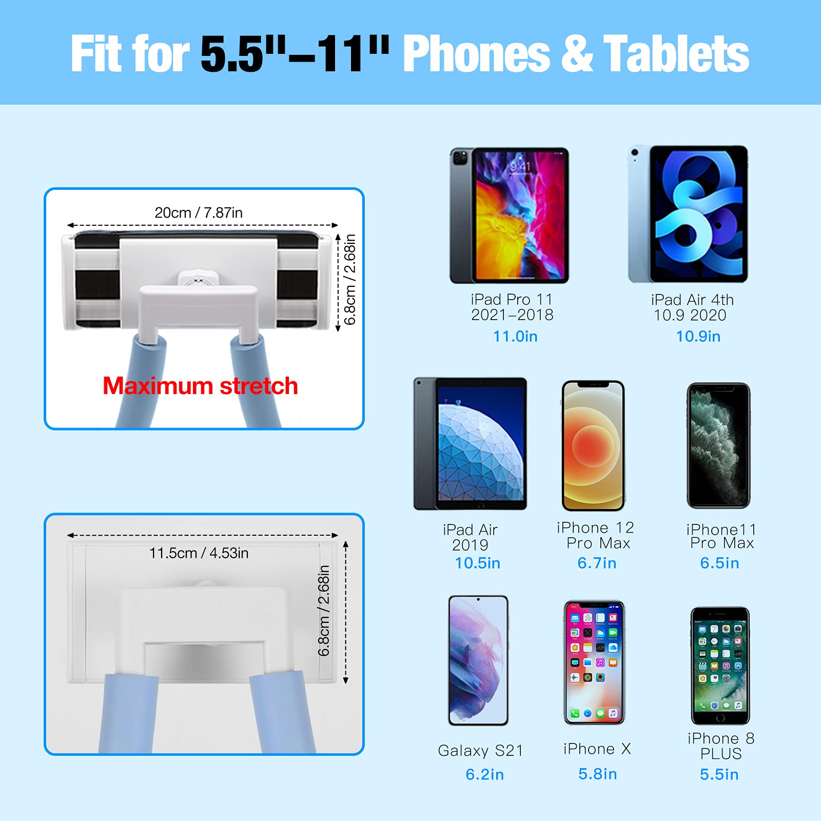 MoKo Moko Neck Phone Holder Lazy Gooseneck Pillow Stand 360 Rotation for 4 to 11 Inch Devices Compatible with iPhone 12 Galaxy S21 iPad Air Pro Blue - View 2 of 6