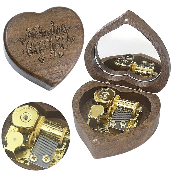 SOFTALK Solid Heart-Shaped Music Box Retro Music Box Christmas Birthday and Valentine's Day Gifts for Boy and Girl Friends (Walnut Box, Tune : Love You More Every Day)