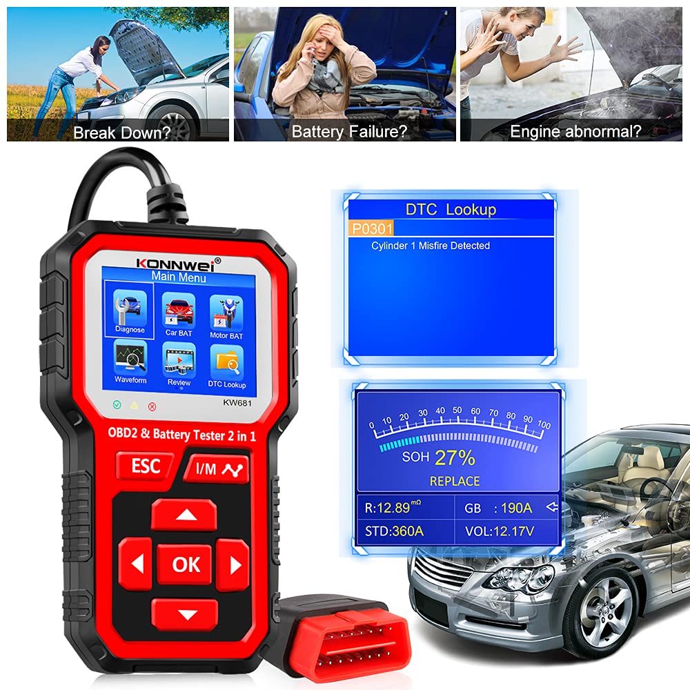 KONNWEI KW681 OBD2 Scanner and Car Battery Tester 2 in 1 Diagnostic Tool for Engine Code Reading and Alternator Load Testing - View 2 of 8
