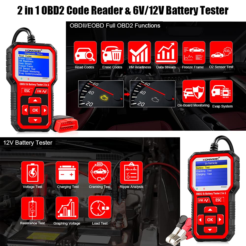 KONNWEI KW681 OBD2 Scanner and Car Battery Tester 2 in 1 Diagnostic Tool for Engine Code Reading and Alternator Load Testing - View 3 of 8