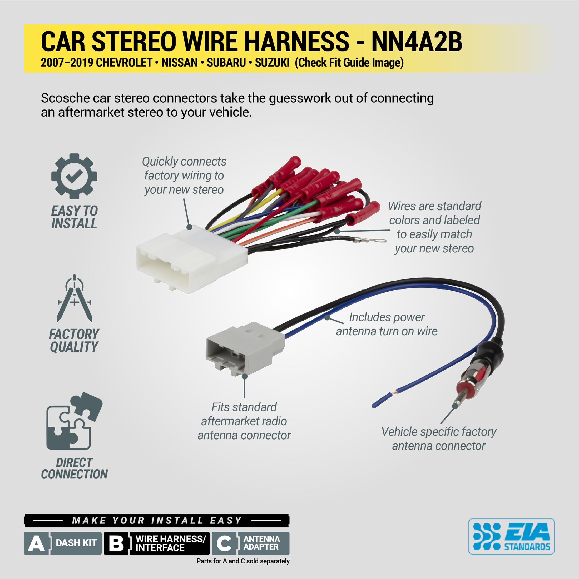 Scosche Scosche NN4A2B Wire Harness & Antenna Adapter for 2007-19 Nissan, Subaru, Suzuki - Vehicle Compatibility Guide - View 4 of 8
