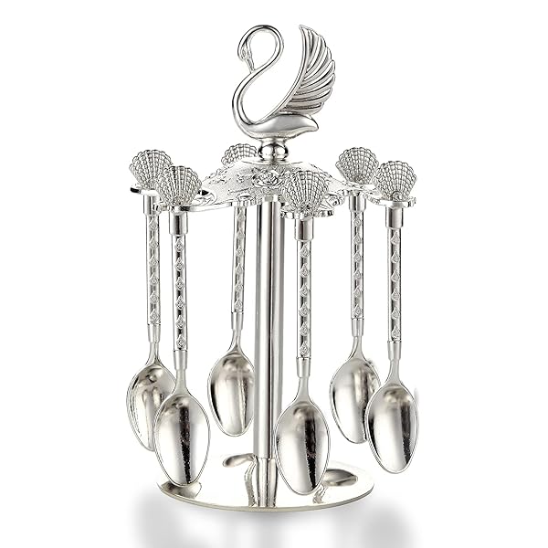Flylin Elegant Swan Base Holder Set with 6 Teaspoons for Coffee, Desserts & Mixing - Perfect for Ice Cream & Cake (Silver)