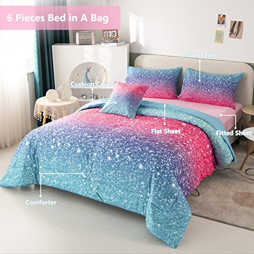 PERFEMET PERFEMET Queen Size Girls Bedding Set 6 Piece Blue Pink Comforter Set Colorful Rainbow Glitter Fluffy Tie Dye Teen Girl Bedroom Decor - View 3 of 8