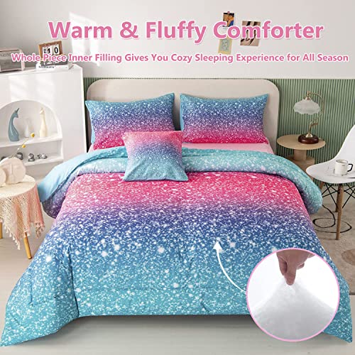 PERFEMET PERFEMET Queen Size Girls Bedding Set 6 Piece Blue Pink Comforter Set Colorful Rainbow Glitter Fluffy Tie Dye Teen Girl Bedroom Decor - View 4 of 8