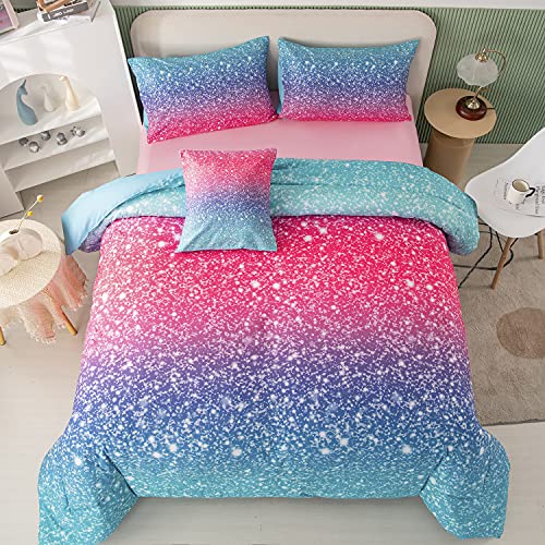PERFEMET PERFEMET Queen Size Girls Bedding Set 6 Piece Blue Pink Comforter Set Colorful Rainbow Glitter Fluffy Tie Dye Teen Girl Bedroom Decor