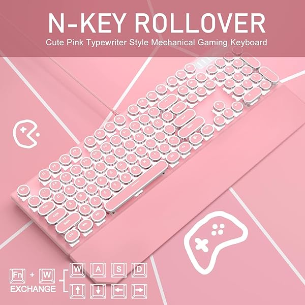 Camiysn Camiysn Pink Retro Typewriter Style Mechanical Gaming Keyboard with White Backlit 104 Keys Blue Switch for Windows Mac PC - View 3 of 9