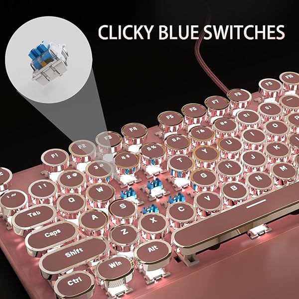 Camiysn Camiysn Pink Retro Typewriter Style Mechanical Gaming Keyboard with White Backlit 104 Keys Blue Switch for Windows Mac PC - View 4 of 9