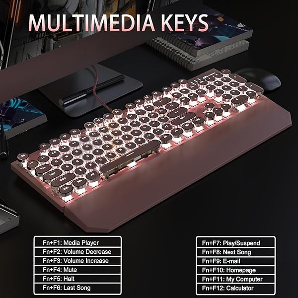 Camiysn Camiysn Pink Retro Typewriter Style Mechanical Gaming Keyboard with White Backlit 104 Keys Blue Switch for Windows Mac PC - View 6 of 9