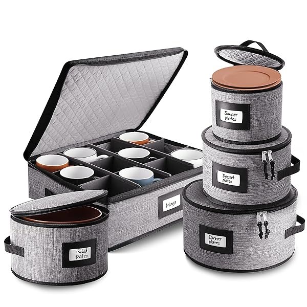 STORAGEBUD Fine China Hard Shell Dish Organizer 5 Piece Stackable Mug and Plate Storage Containers with Dividers for Easy Moving and Seasonal Storage