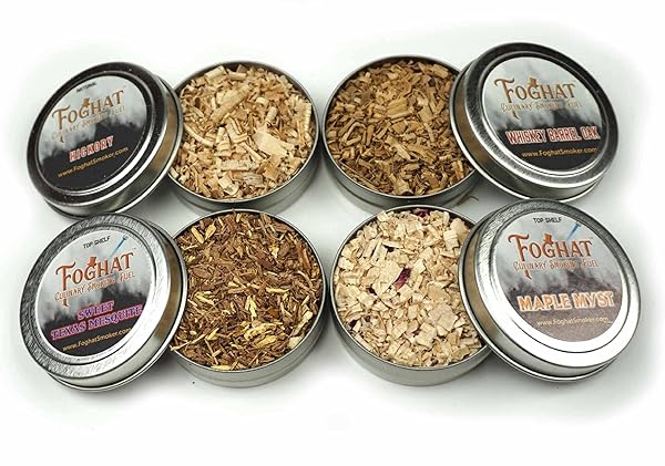 FOGHAT COCKTAIL SMOKER Foghat Fuel Sampler Four Pack Cocktail and Culinary Wood Chips for Smoking Whiskey Barrel Oak Old Hickory Sweet Texas Mesquite Maple Myst
