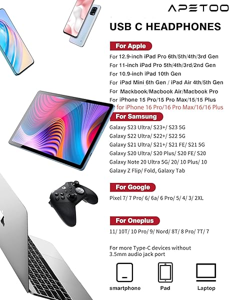 APETOO Best USB C Headphones for iPad Pro & iPhone 15/16 - HiFi Stereo Earbuds with Mic for Samsung S23, Pixel 7, OnePlus 9 - View 5 of 10