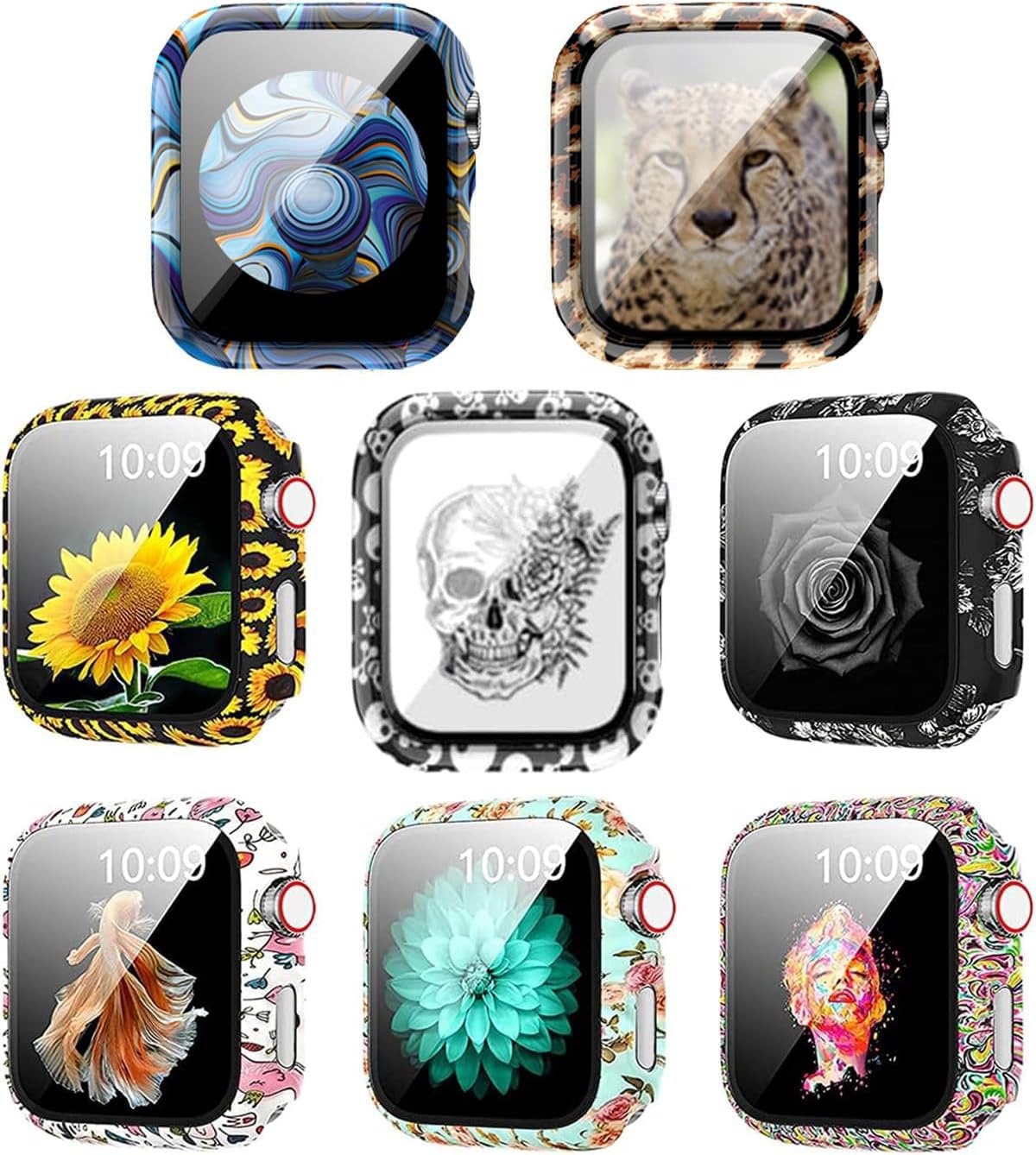 Yrzper Yrzper 8 Pack Hard PC Case with Tempered Glass for Apple Watch SE Series 6 5 4 3 2 44mm 40mm 42mm 38mm Full Protective Cover for Women