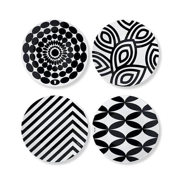 French Bull French Bull 4-Piece Assorted Melamine Salad Plates Set - 9-Inch Black & White Dinnerware for Indoor/Outdoor Use