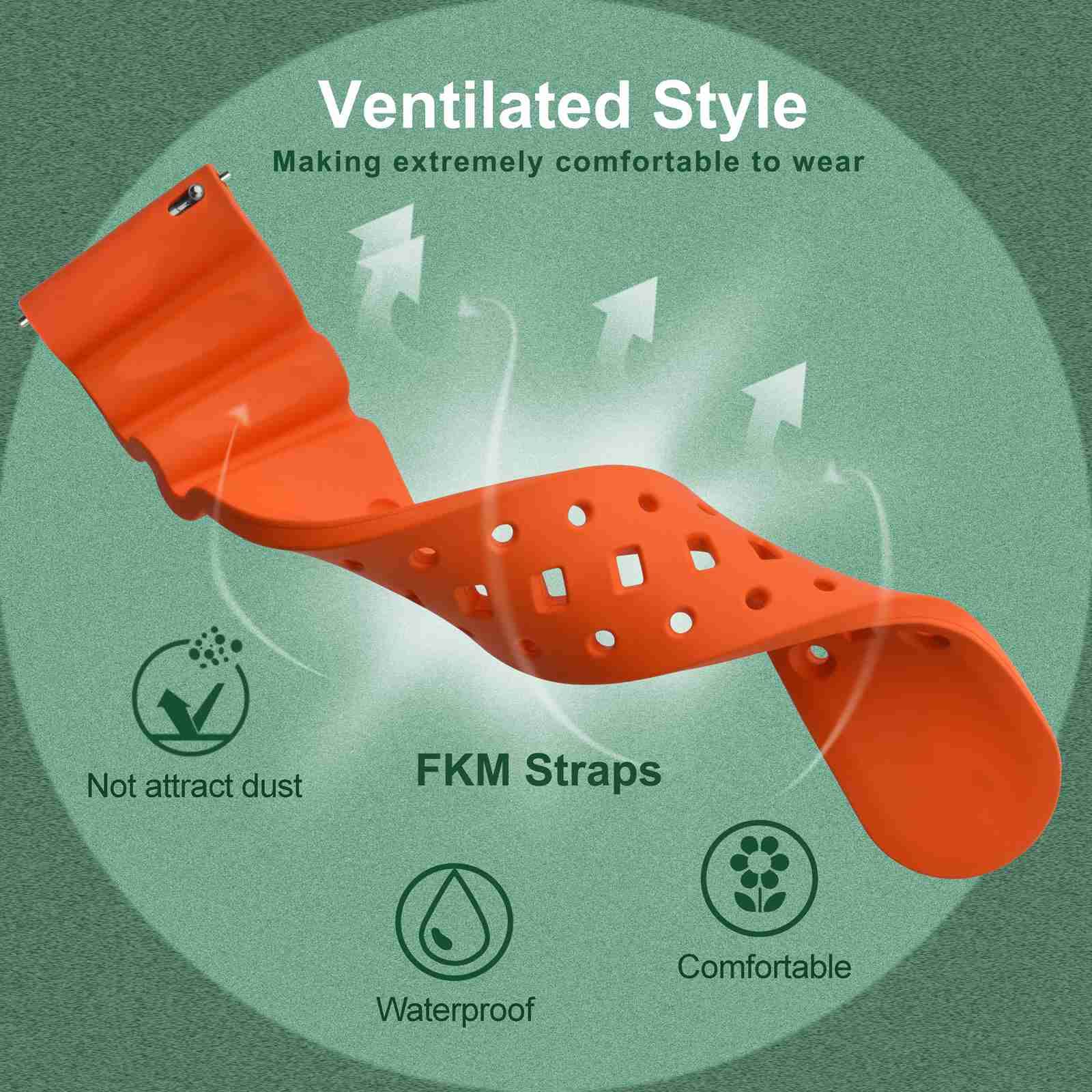 WOCCI WOCCI 20mm Ventilated Watch Band for Men, FKM Rubber, Black Buckle (Pumpkin Orange) - View 2 of 8