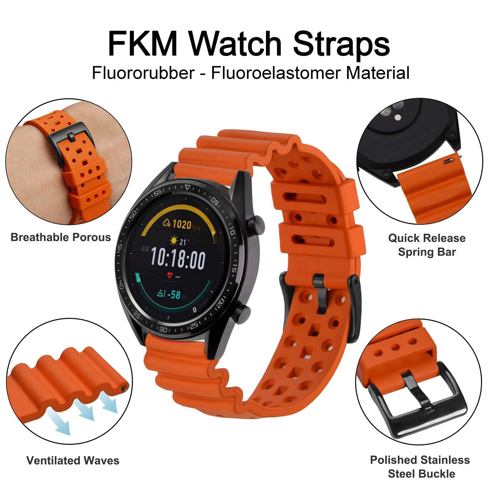 WOCCI WOCCI 20mm Ventilated Watch Band for Men, FKM Rubber, Black Buckle (Pumpkin Orange) - View 4 of 8