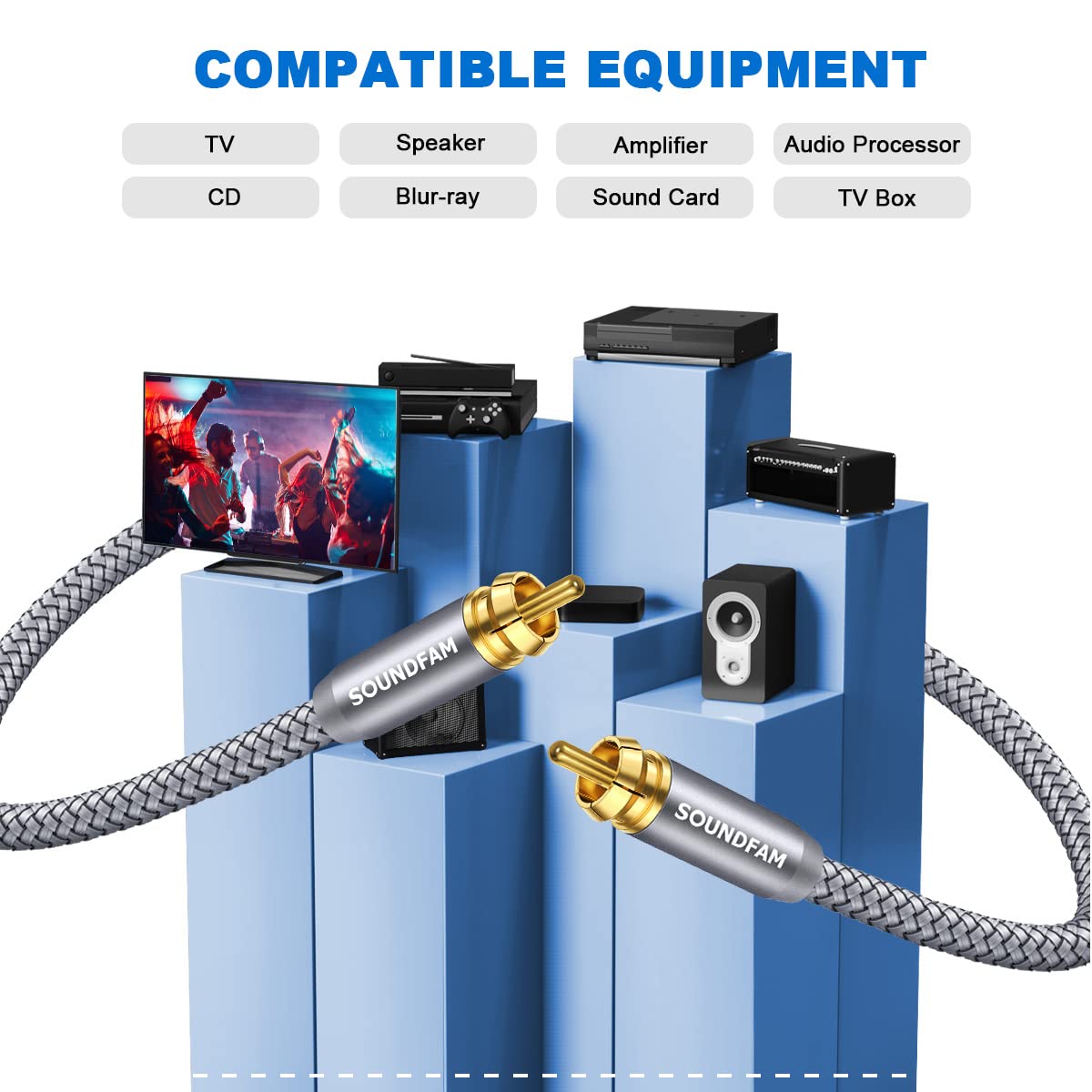 SOUNDFAM SOUNDFAM RCA Subwoofer Cable 10ft 3M RCA Cable Male to Male Gold Plated Connector for Subwoofer,Home Theater,Amplifier,TV-Grey - View 2 of 7