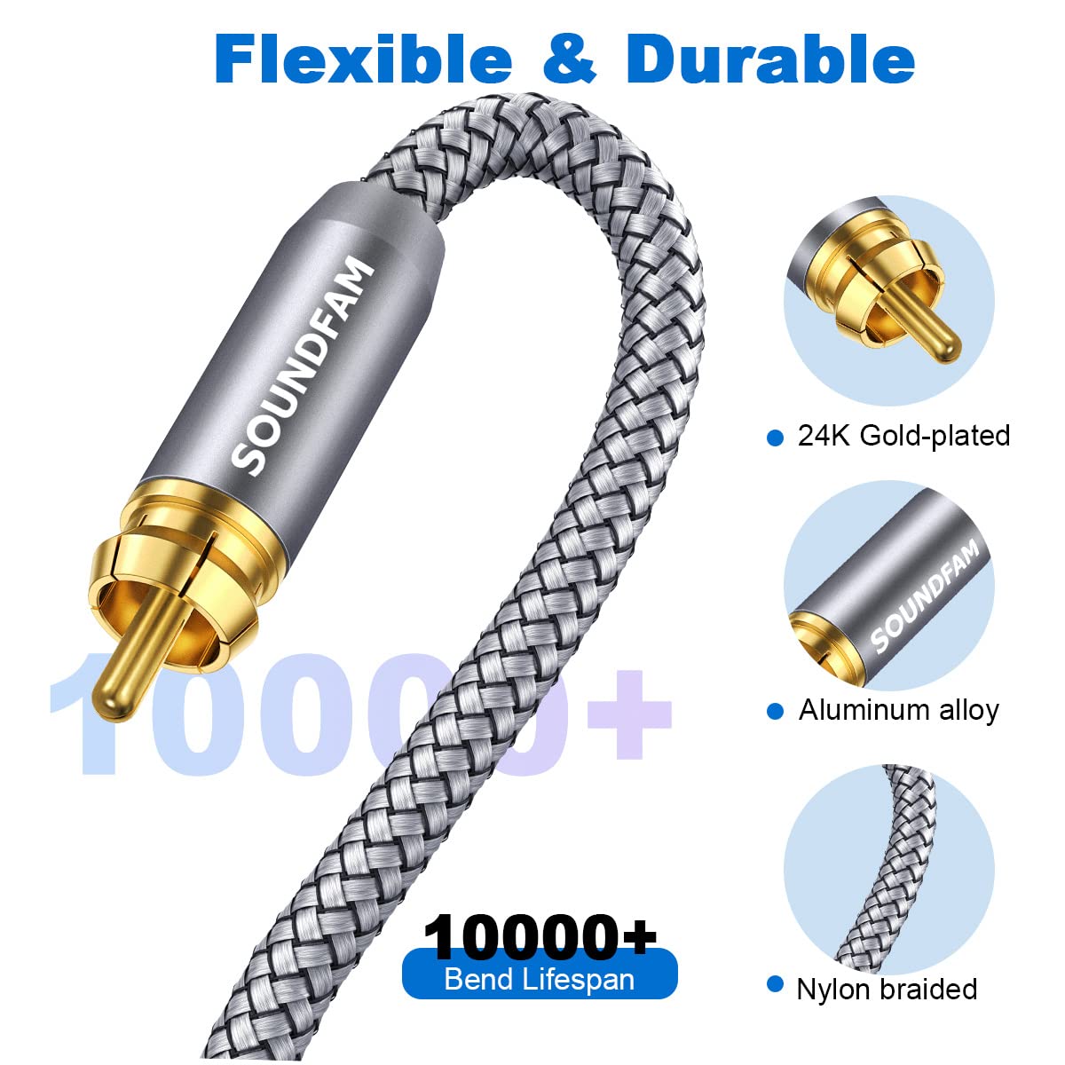 SOUNDFAM SOUNDFAM RCA Subwoofer Cable 10ft 3M RCA Cable Male to Male Gold Plated Connector for Subwoofer,Home Theater,Amplifier,TV-Grey - View 6 of 7