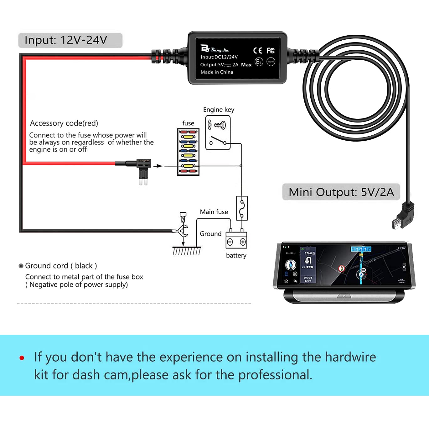 Bangjia Dash Cam Hardwire Kit Mini USB Bangjia 12V-24V to 5V 2A Car Dash Camera Charger Power Cord?11.5ft - View 4 of 7