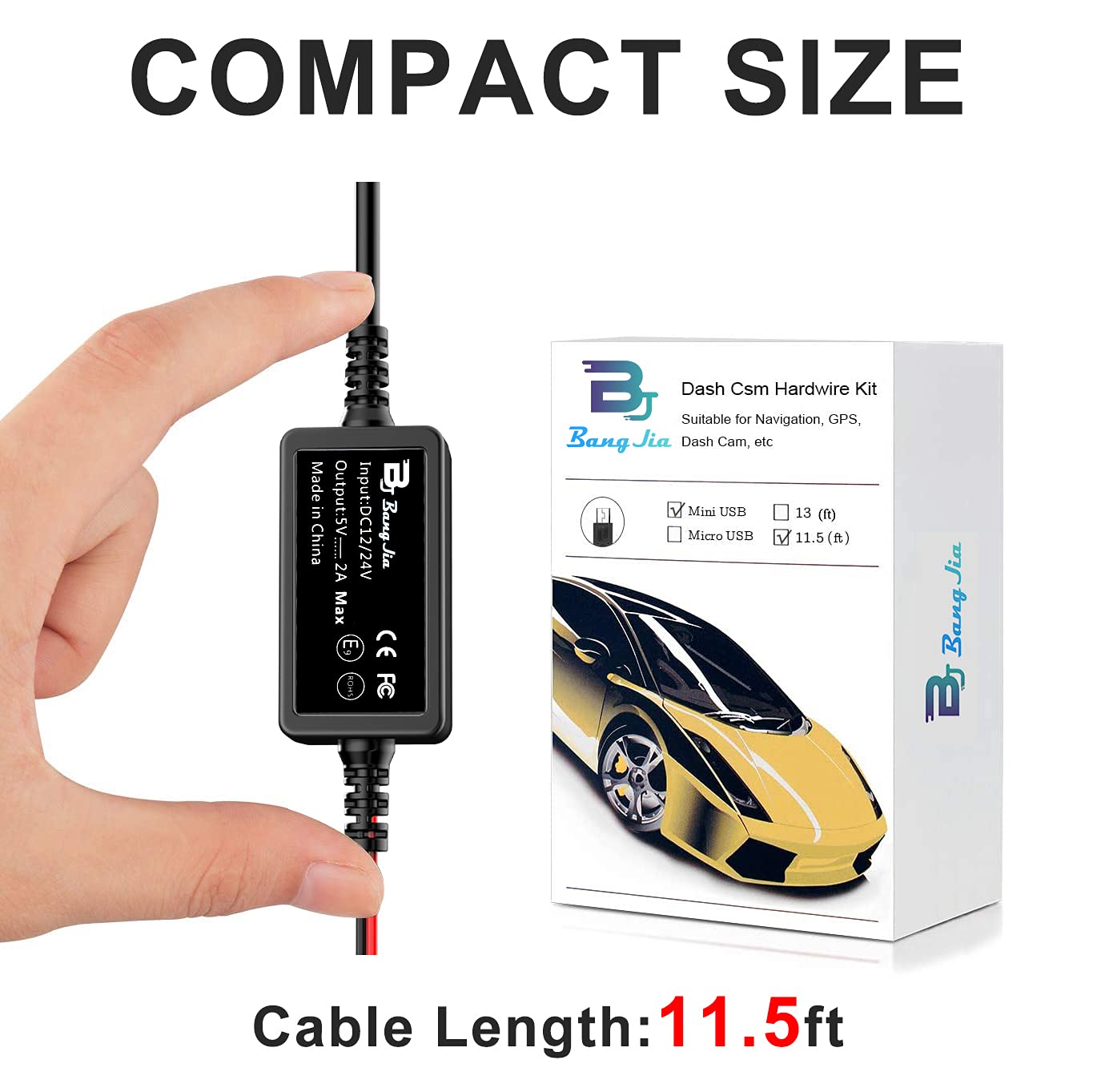 Bangjia Dash Cam Hardwire Kit Mini USB Bangjia 12V-24V to 5V 2A Car Dash Camera Charger Power Cord?11.5ft - View 7 of 7