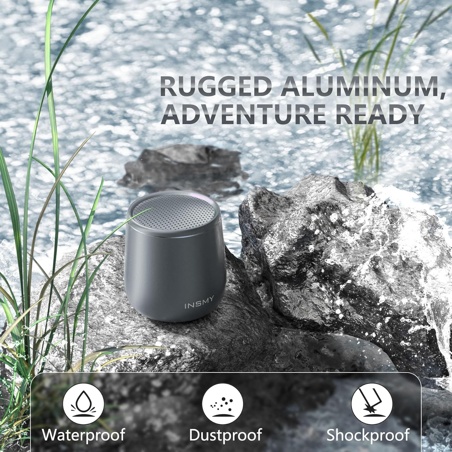 INSMY INSMY Small Bluetooth Speaker Waterproof Portable Wireless Speaker with Punchy Bass Built in Mic for Hiking Biking Gift Laptop Tablet Gray - View 3 of 9