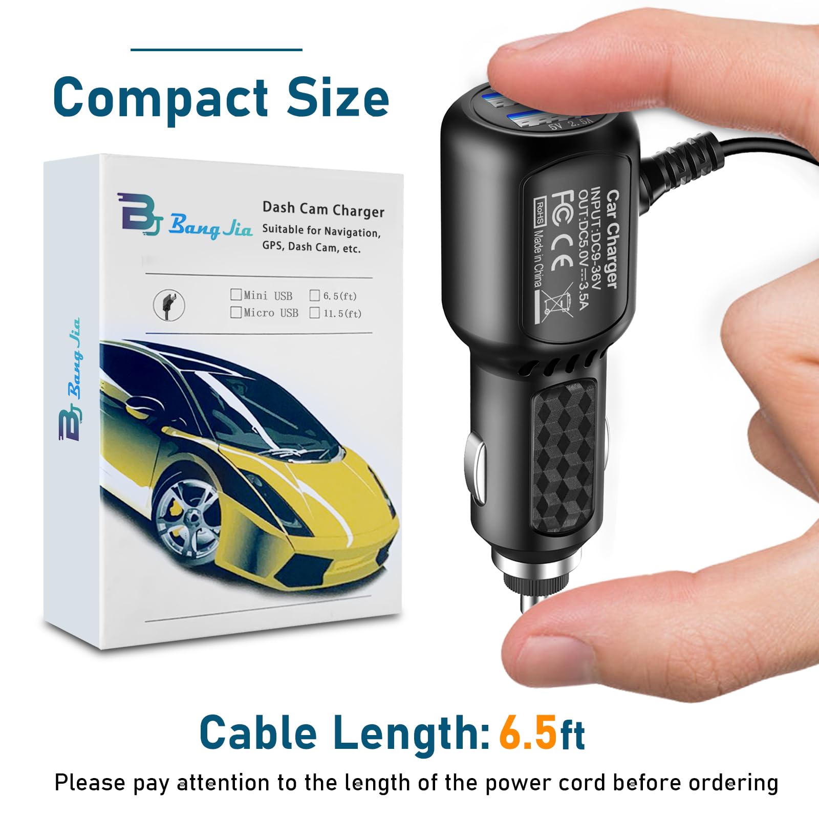 Bangjia Dash Cam Charger Mini USB 6.5FT Best Dual USB Charger Compatible with Garmin APEMAN Rexing Byakov AKASO Crosstour Trekpow Pruveeo OldShark - View 7 of 7
