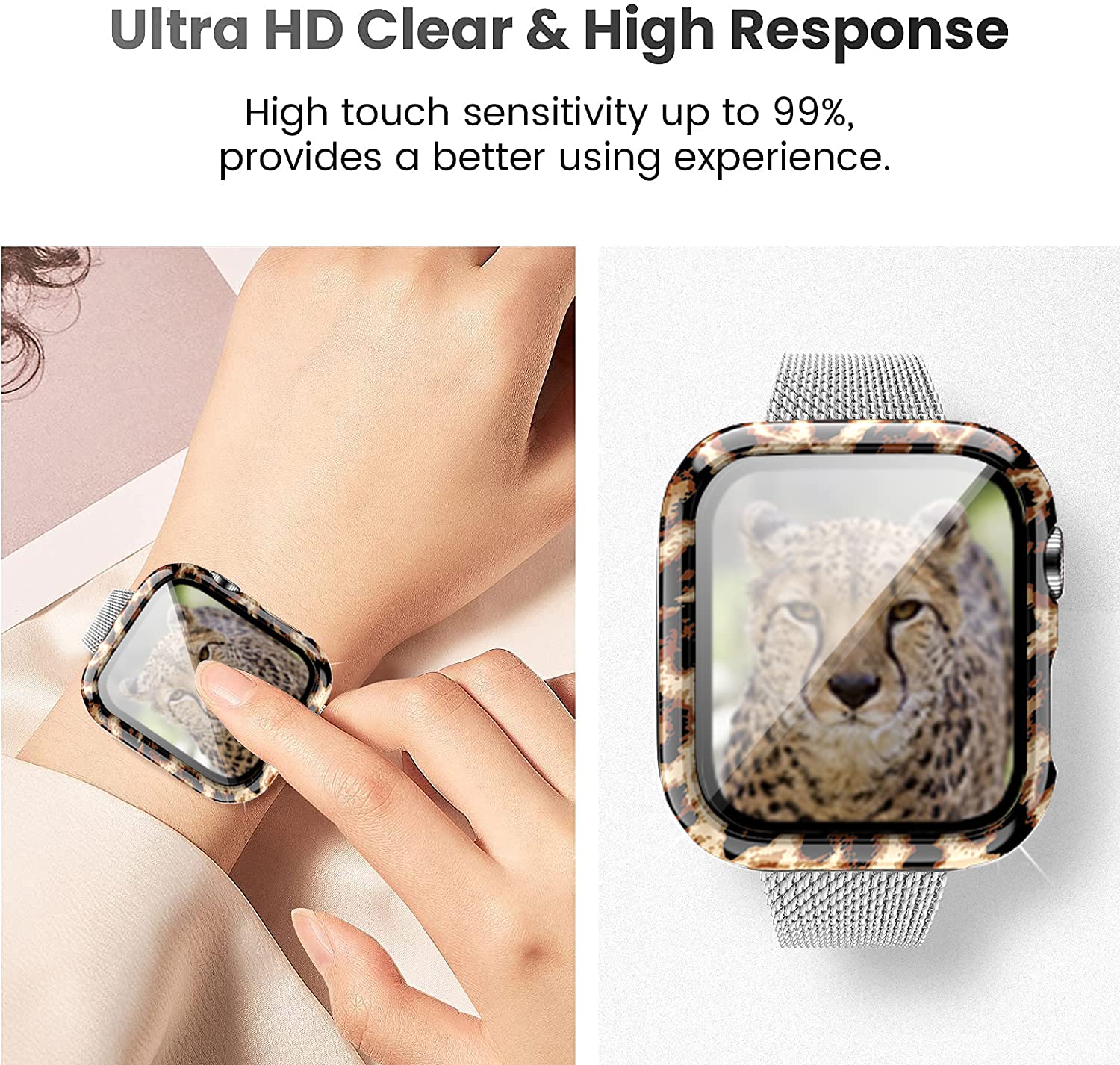 Yrzper Compatible with Apple Watch SE Series 6 5 4 3 2 1 40mm 44mm 42mm 38mm Leopard Floral Hard PC Case Tempered Glass Screen Protector Cover Resistant - View 2 of 7