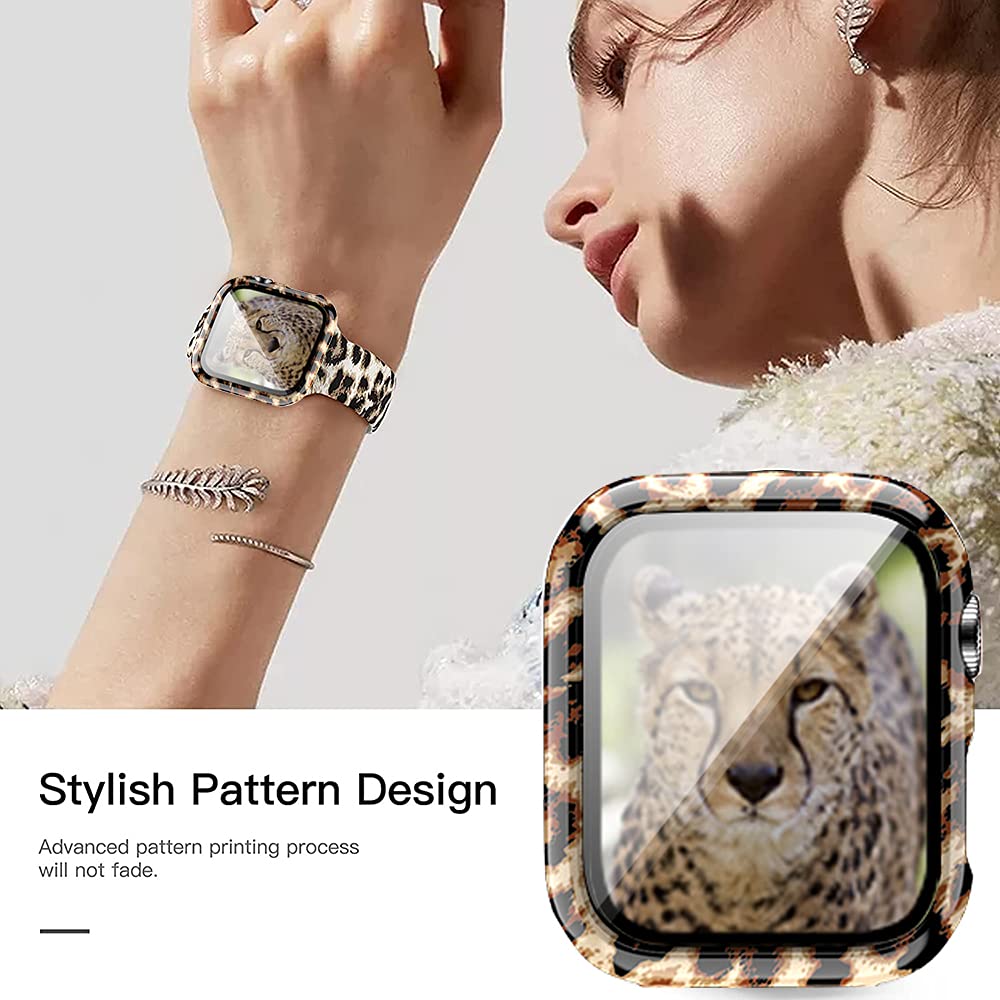 Yrzper Compatible with Apple Watch SE Series 6 5 4 3 2 1 40mm 44mm 42mm 38mm Leopard Floral Hard PC Case Tempered Glass Screen Protector Cover Resistant - View 3 of 7