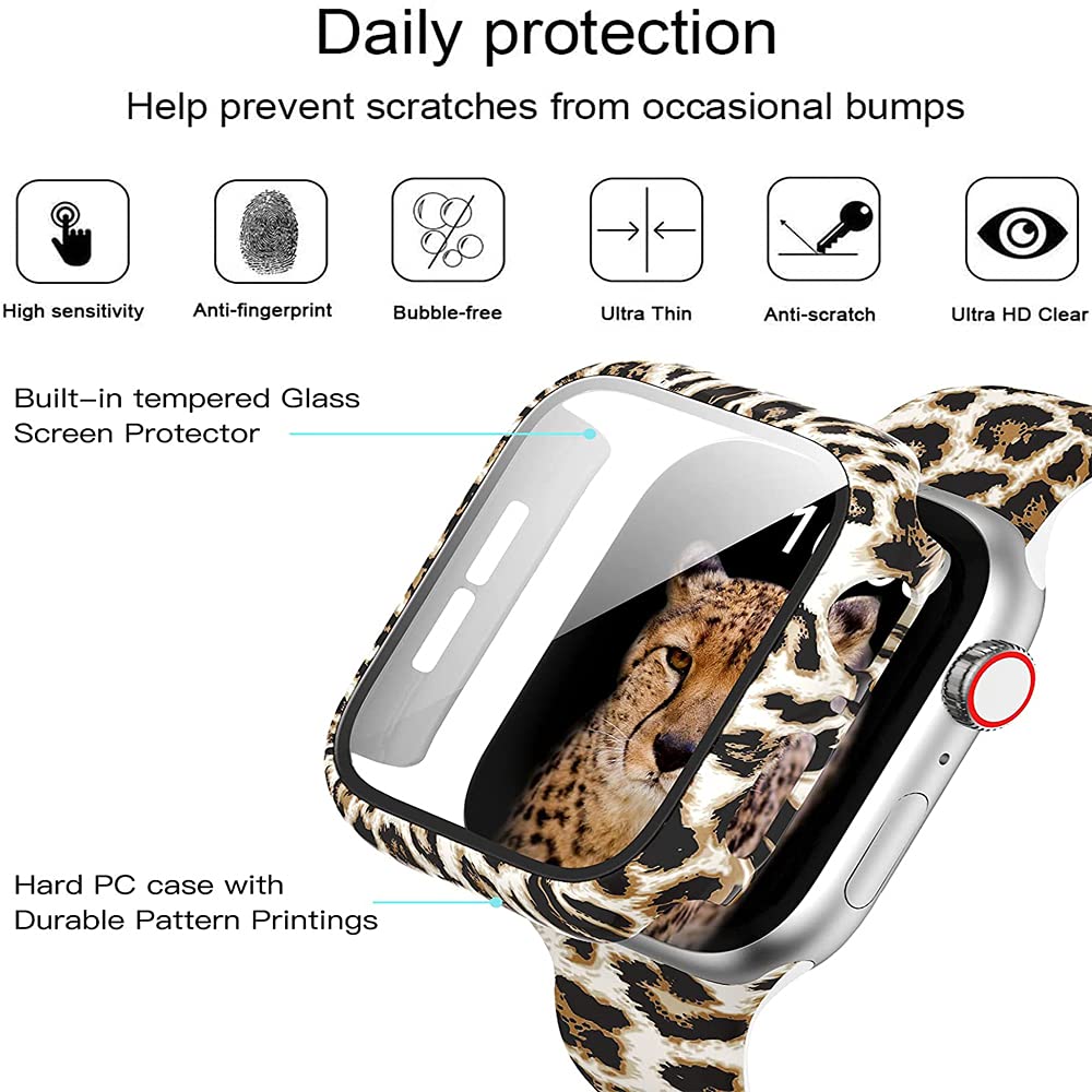 Yrzper Compatible with Apple Watch SE Series 6 5 4 3 2 1 40mm 44mm 42mm 38mm Leopard Floral Hard PC Case Tempered Glass Screen Protector Cover Resistant - View 4 of 7