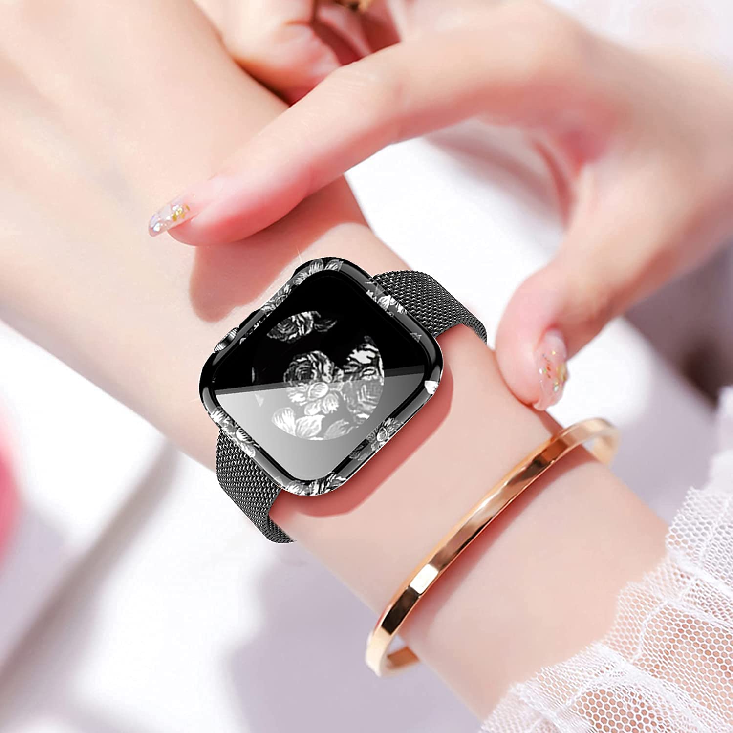 Yrzper Compatible with Apple Watch SE Series 6 5 4 3 2 1 40mm 44mm 42mm 38mm Leopard Floral Hard PC Case Tempered Glass Screen Protector Cover Resistant - View 5 of 7