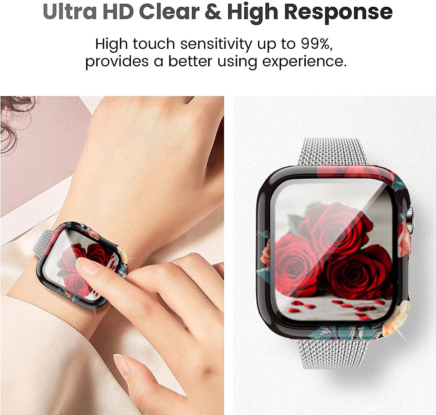 Yrzper Apple Watch SE Series 6 5 4 3 2 1 40mm 44mm Leopard Floral Hard PC Case Tempered Glass Screen Protector Impact Resistant Cover Flower 10 44mm - View 2 of 7