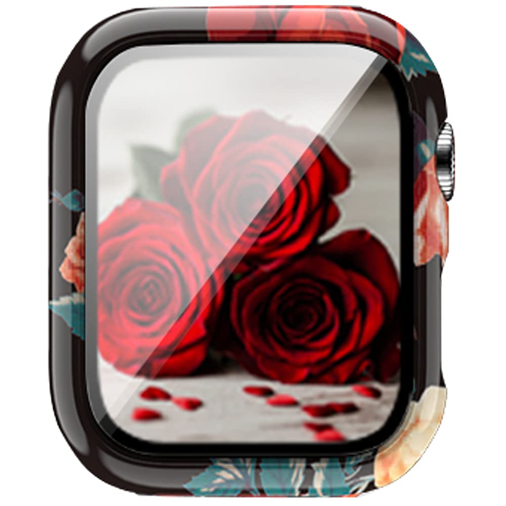 Apple Watch SE Series 6 5 4 3 2 1 40mm 44mm Leopard Floral Hard PC Case Tempered Glass Screen Protector Impact Resistant Cover Flower 10 44mm