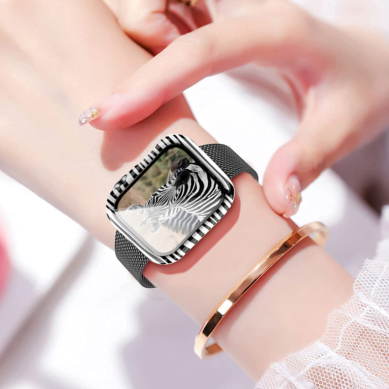 Yrzper Leopard Floral Hard PC Case and Tempered Glass Screen Protector for Apple Watch SE Series 6 5 4 3 2 1 44mm Zebra Design - View 5 of 7