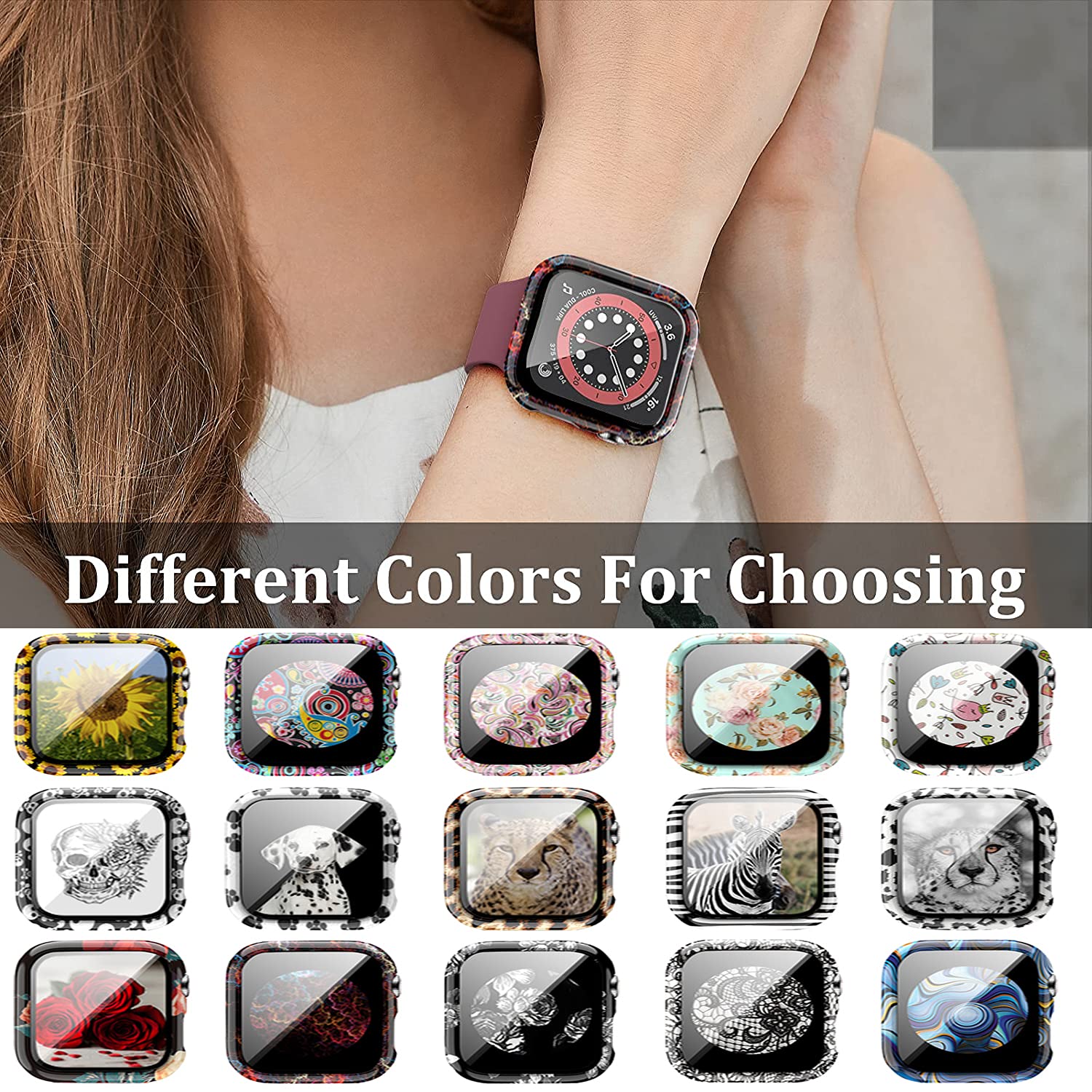 Yrzper Leopard Floral Hard PC Case and Tempered Glass Screen Protector for Apple Watch SE Series 6 5 4 3 2 1 44mm Zebra Design - View 6 of 7