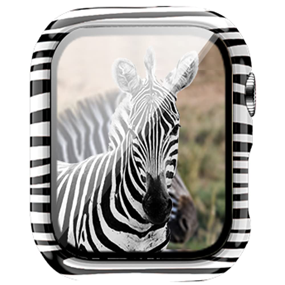 Leopard Floral Hard PC Case and Tempered Glass Screen Protector for Apple Watch SE Series 6 5 4 3 2 1 44mm Zebra Design