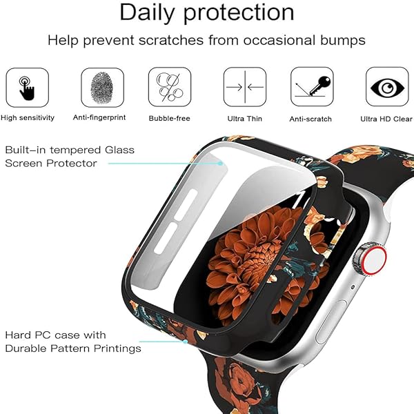 Yrzper Leopard Floral Hard PC Case and Tempered Glass Screen Protector for Apple Watch SE Series 6 5 4 3 2 1 40mm 44mm 42mm 38mm - View 5 of 8