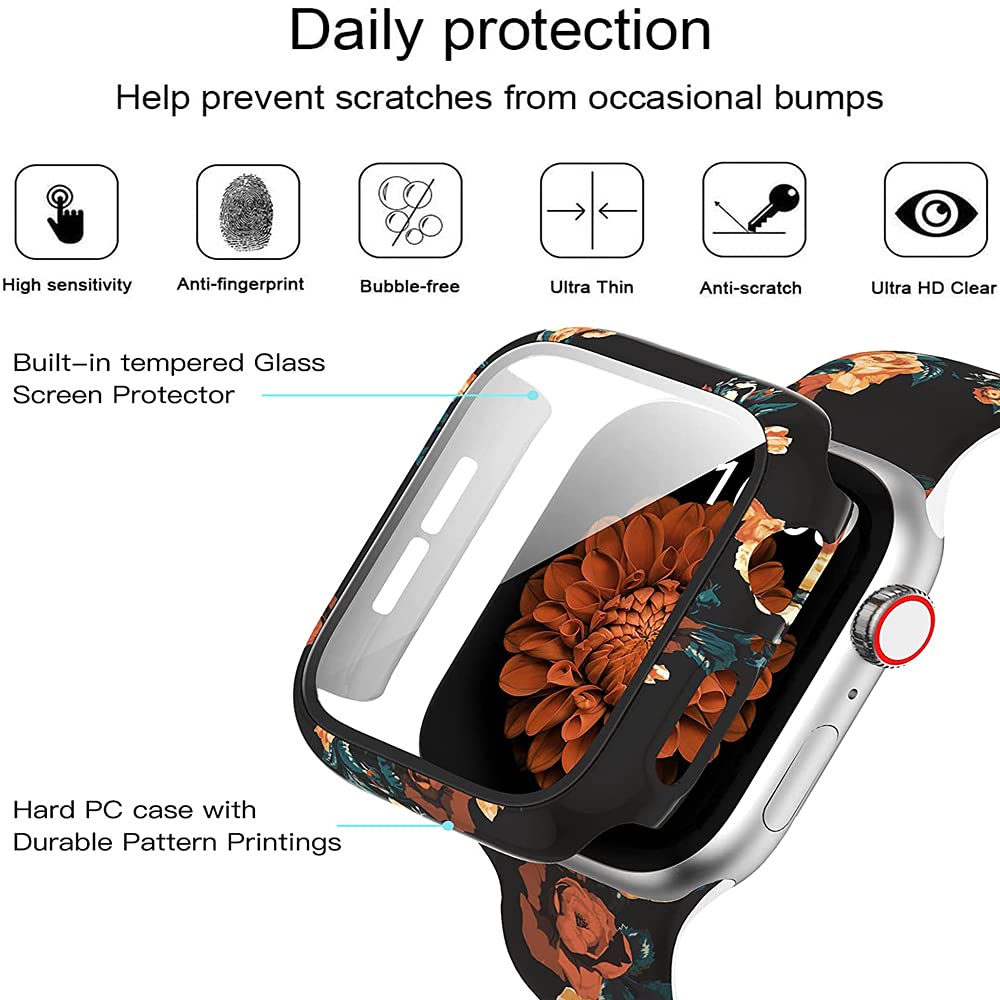 Yrzper Apple Watch SE Series 6 5 4 3 2 1 40mm 44mm Leopard Floral Hard PC Case Tempered Glass Screen Protector Impact Resistant Cover Flower 3 44mm - View 4 of 7