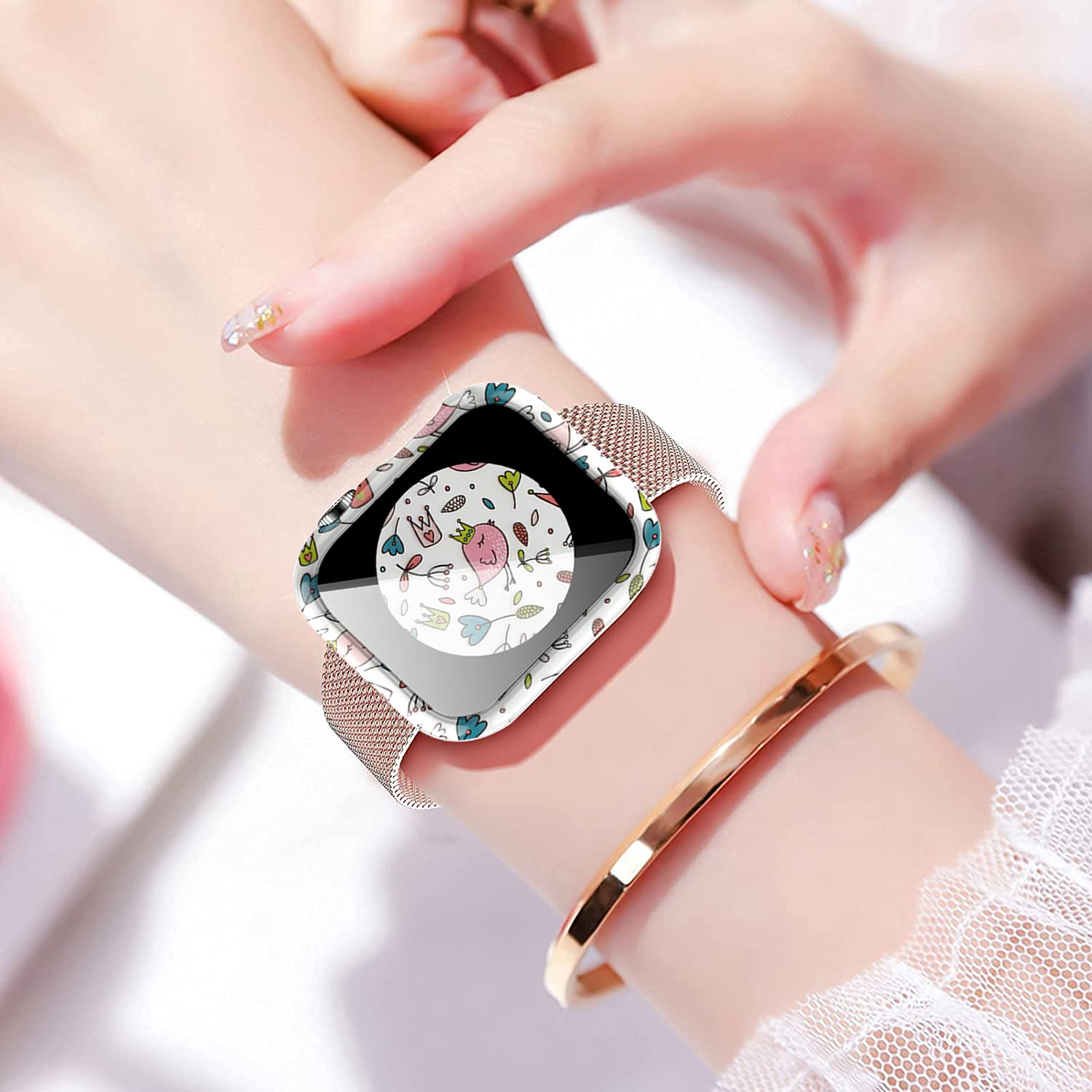 Yrzper Leopard Floral Hard PC Case and Tempered Glass Screen Protector for Apple Watch SE Series 6 5 4 3 2 1 40mm 44mm 42mm 38mm - View 5 of 7