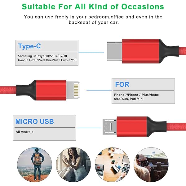 MTAKYI Multi 3 in 1 USB Fast Charging Cable 10Ft Nylon Braided Universal Charger for Type C Micro USB iPhone Android Tablets and More Red - View 3 of 8