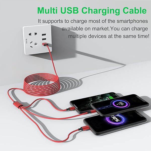 MTAKYI Multi 3 in 1 USB Fast Charging Cable 10Ft Nylon Braided Universal Charger for Type C Micro USB iPhone Android Tablets and More Red - View 4 of 8
