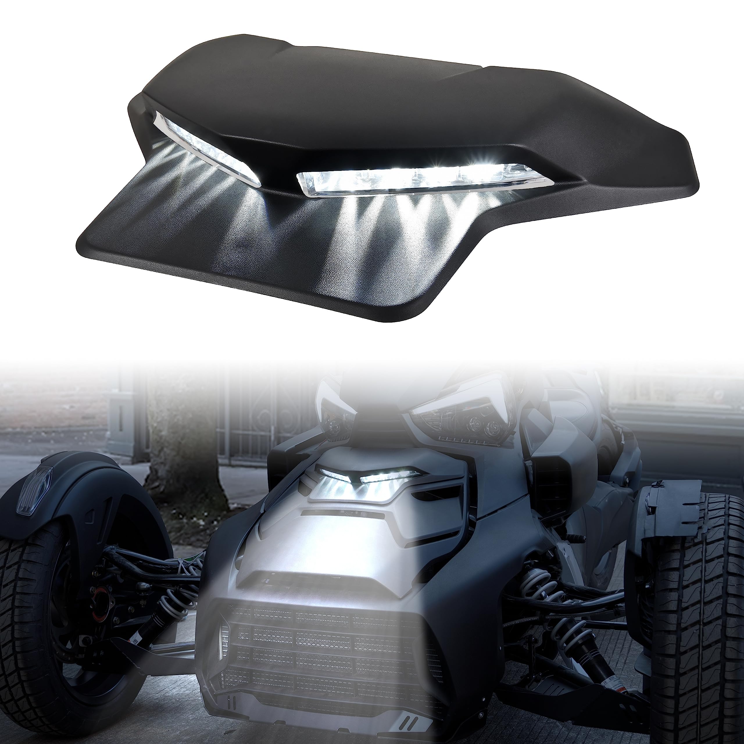 SAUTVS LED Auxiliary Light DRL Kit for Can Am Ryker, Black Hood Panel with Daytime Running Light for Can-Am Ryker 600 900 Sport and Rally Edition All