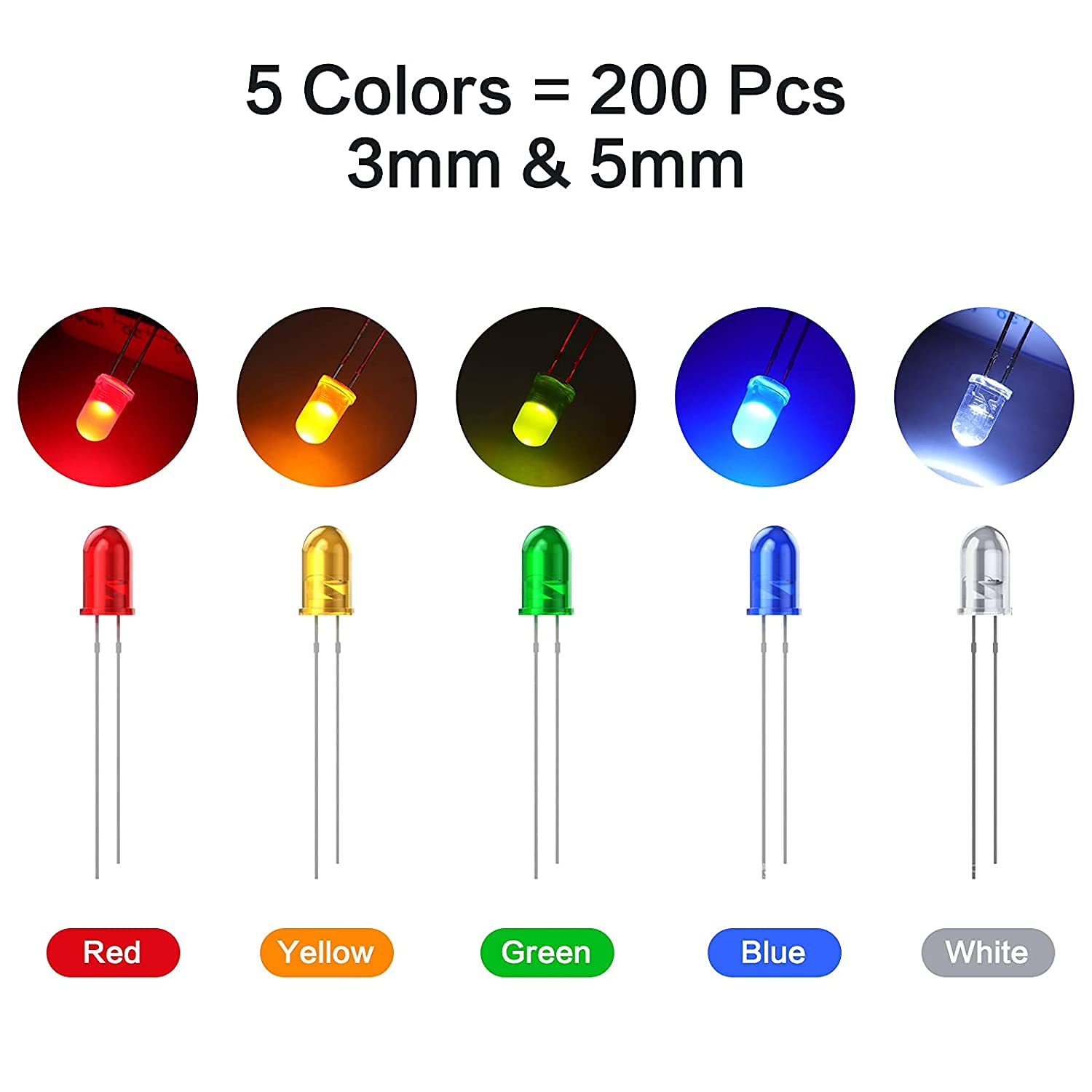 WOWOONE 200Pcs 3mm and 5mm Led Light Emitting Diodes Assortment Kit, Mini Tiny Small Individual Led Single Light, Clear White Red Green Blue Yellow Assorted - View 3 of 7
