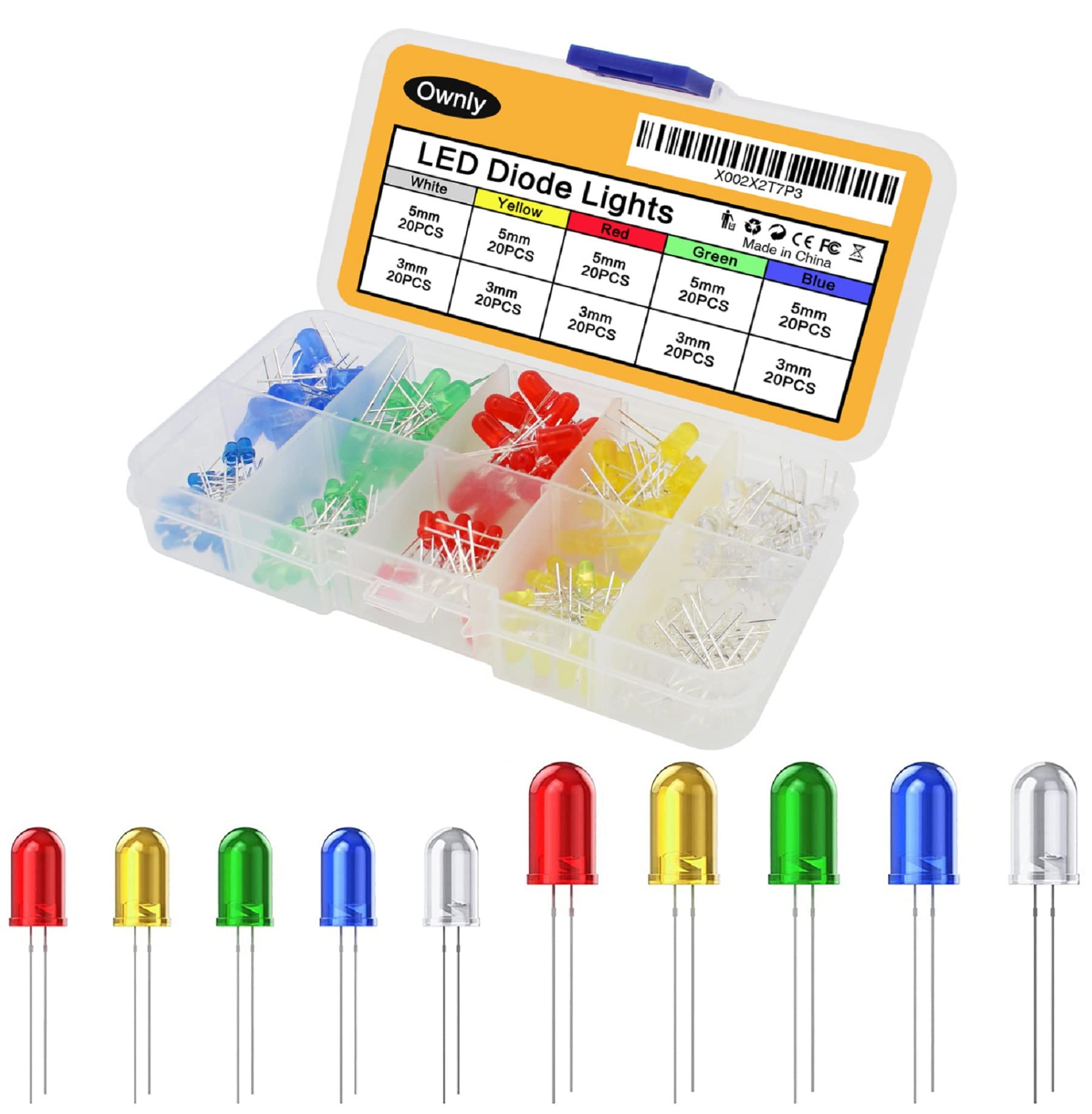 WOWOONE 200Pcs 3mm and 5mm Led Light Emitting Diodes Assortment Kit, Mini Tiny Small Individual Led Single Light, Clear White Red Green Blue Yellow Assorted - View 6 of 7
